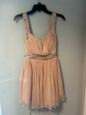 B Darlin Blush Pink Chiffon Short Prom Dress with Jeweled Straps